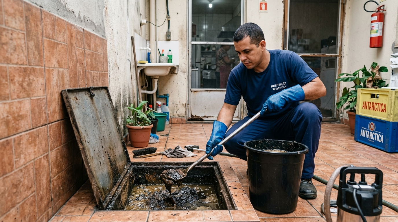 Equipe de limpeza de caixa de gordura em Santos-SP